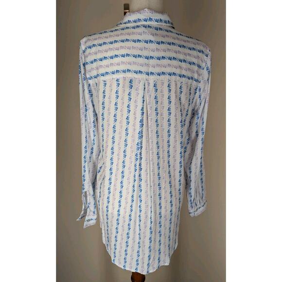 Jane and Delancey Bird Print Stripe Top Women’s Small White Blue Roll Tab Sleeve - Picture 3 of 10